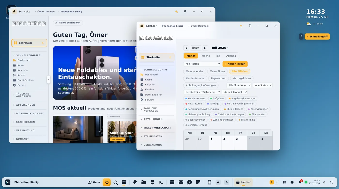 MOS Portal — Desktop mit Startseite und Kalender nebeneinander