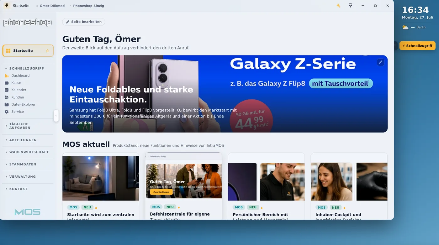 MOS Portal — Startseite mit Bildbanner und Tagesübersicht